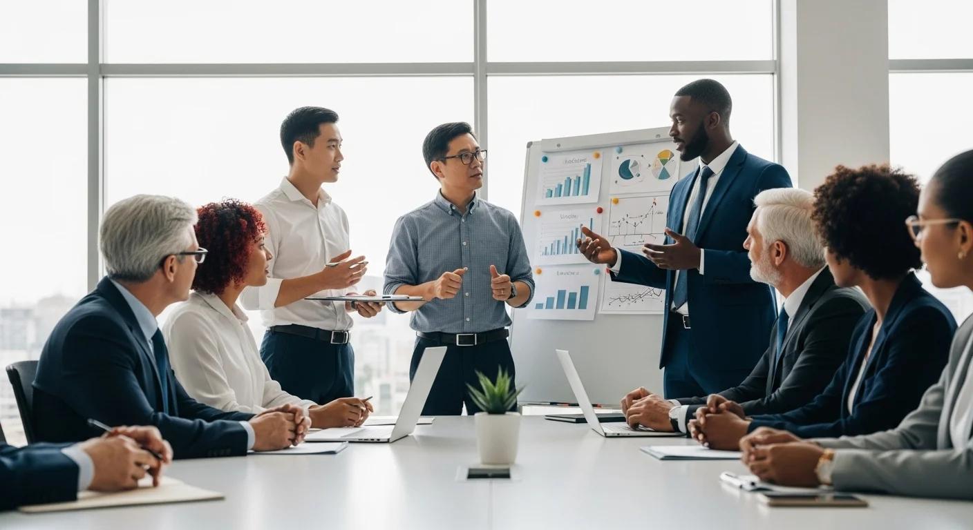 Investment team collaborating around a presentation